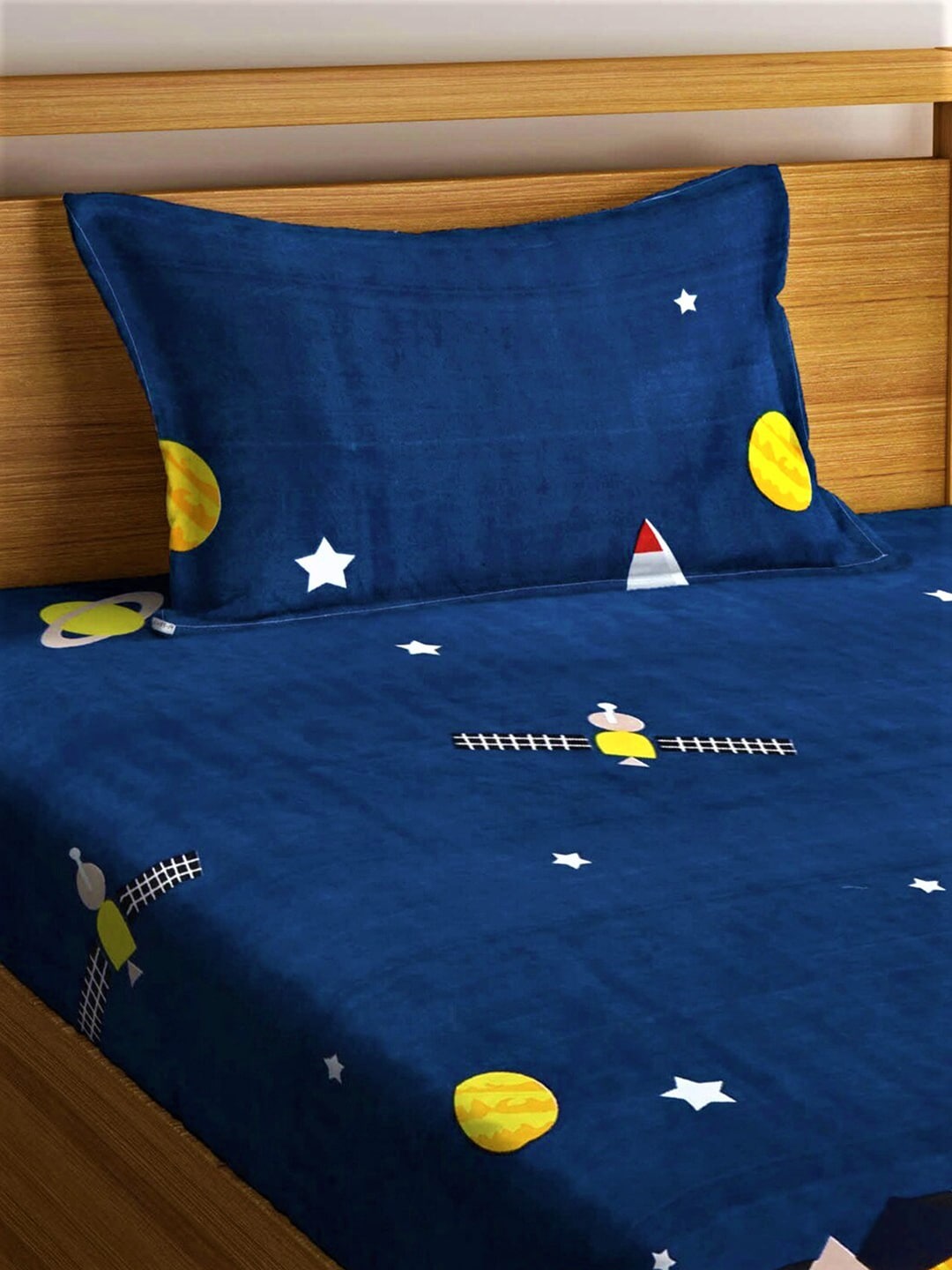 Home Sizzler Blue & Yellow Cartoon Characters 210 TC Bedsheet with Pillow Covers - Swadesiicart