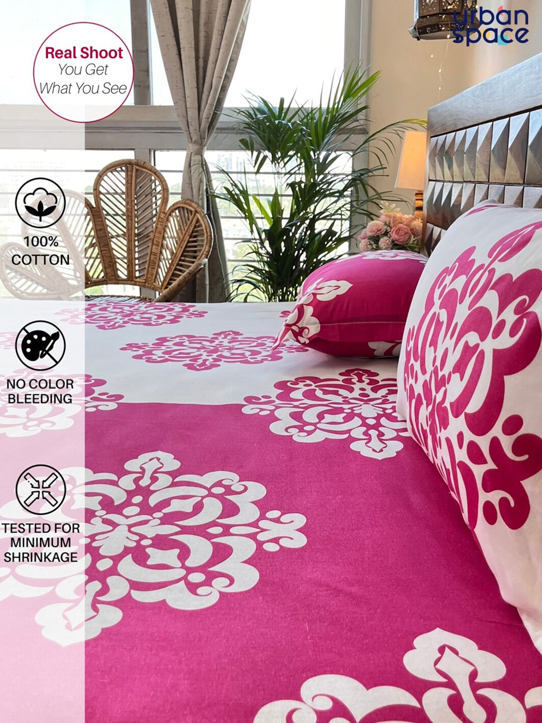 URBAN SPACE Divine White Ethnic Motifs 144 TC Cotton Queen Bedsheet & 2 Pillow Covers - Swadesiicart