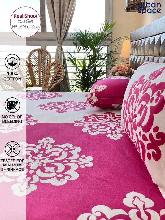 URBAN SPACE Divine White Ethnic Motifs 144 TC Cotton Queen Bedsheet & 2 Pillow Covers - Swadesiicart