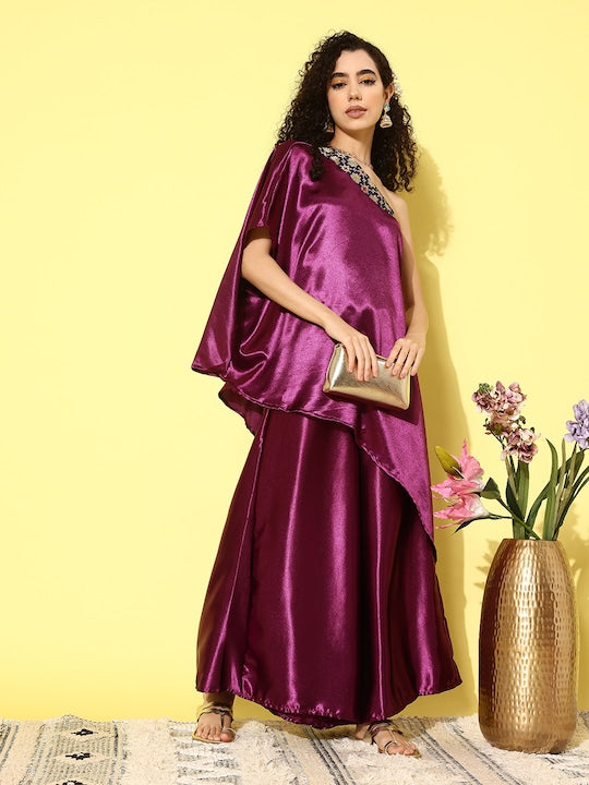 InWeave Women's Wine Navy Brocade Satin Oneshoulder Kurta Set - Swadesiicart
