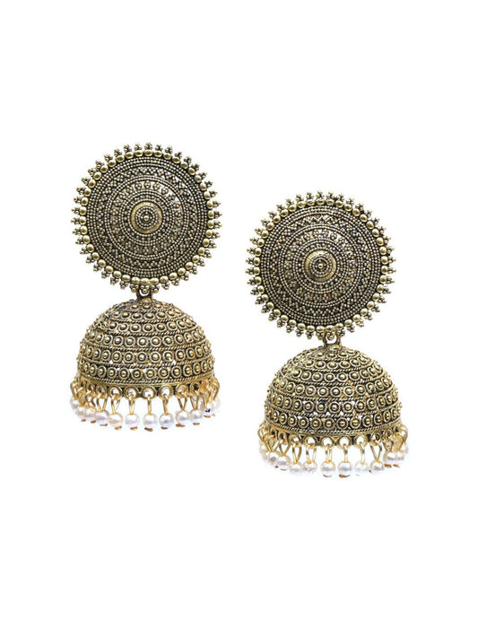 Gold-Polished Alloy Antique Golden Jhumki Earrings - The Pari - The Pari - Dinesh Associates