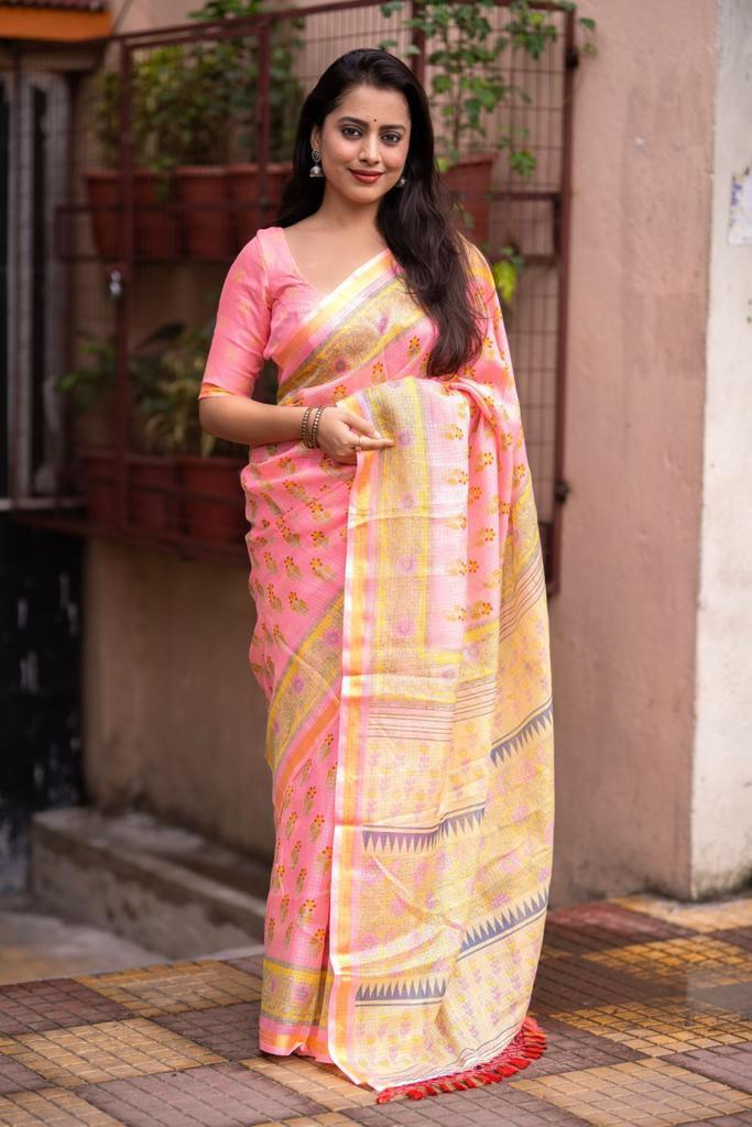 Pink Silk Blend Geometric Saree with Unstitched Blouse - Hiral Fashion | Swadesiicart