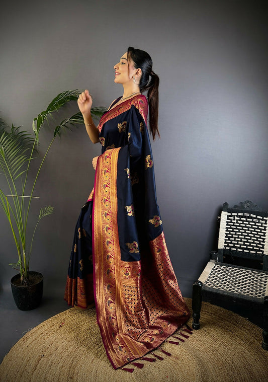 Joban Fashion Banarasi Navy Blue Woven Soft Silk Saree | Swadesiicart