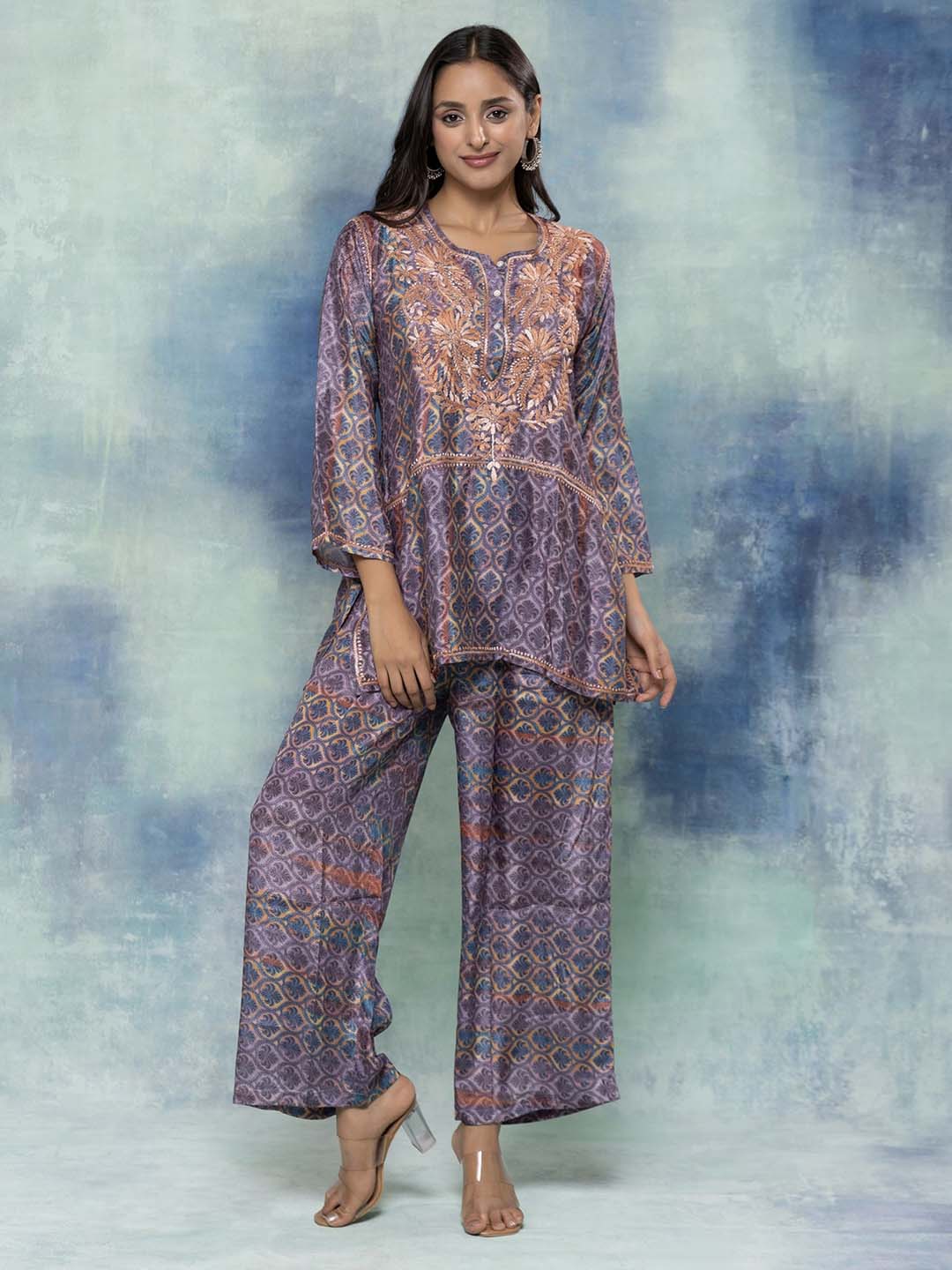 HOUSE OF KARI Floral Embroidered Regular Chikankari Straight Kurta with Palazzos | Swadesiicart