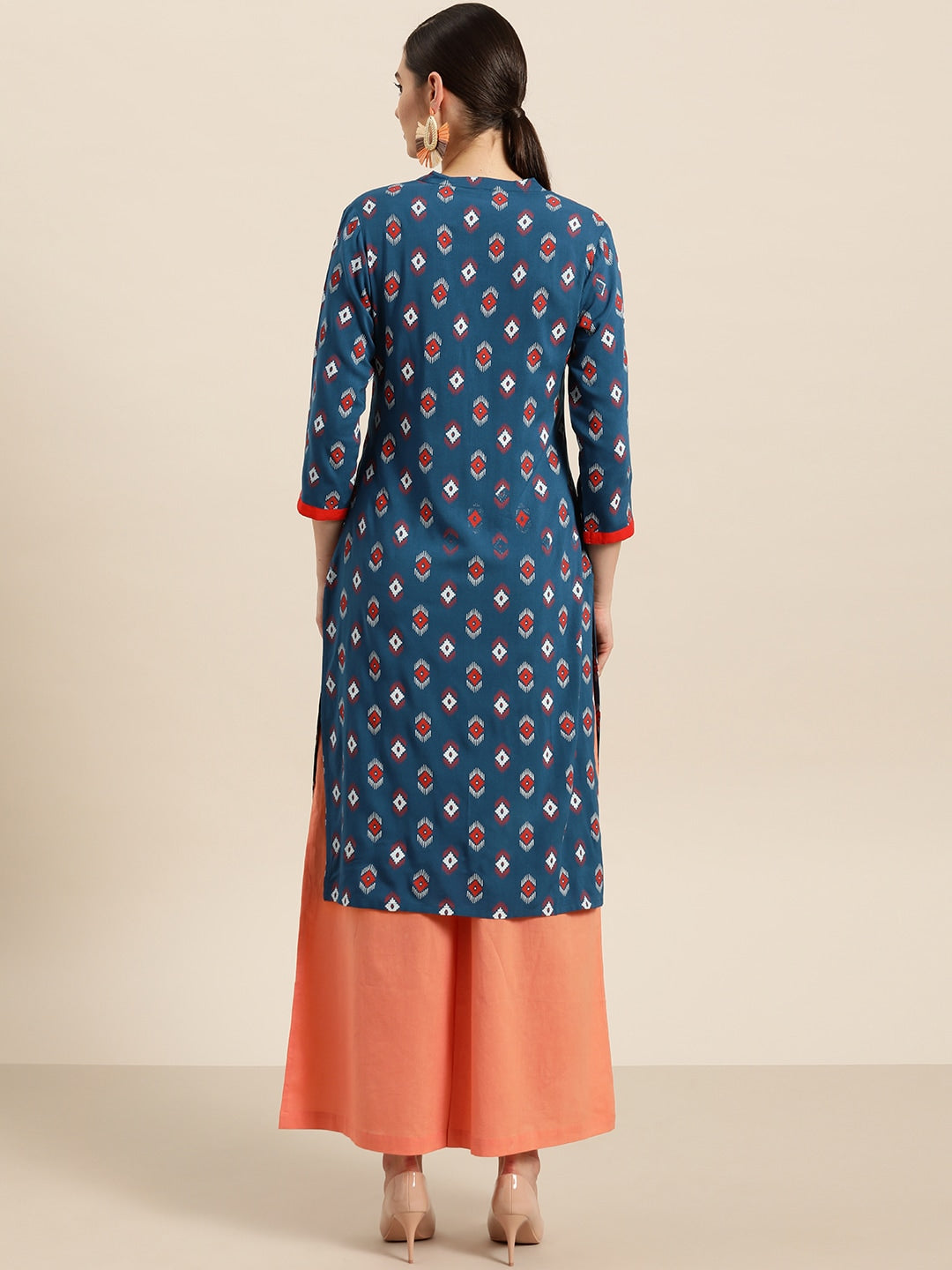 Sangria Women Teal Blue & Red Printed Straight Kurta - Swadesiicart