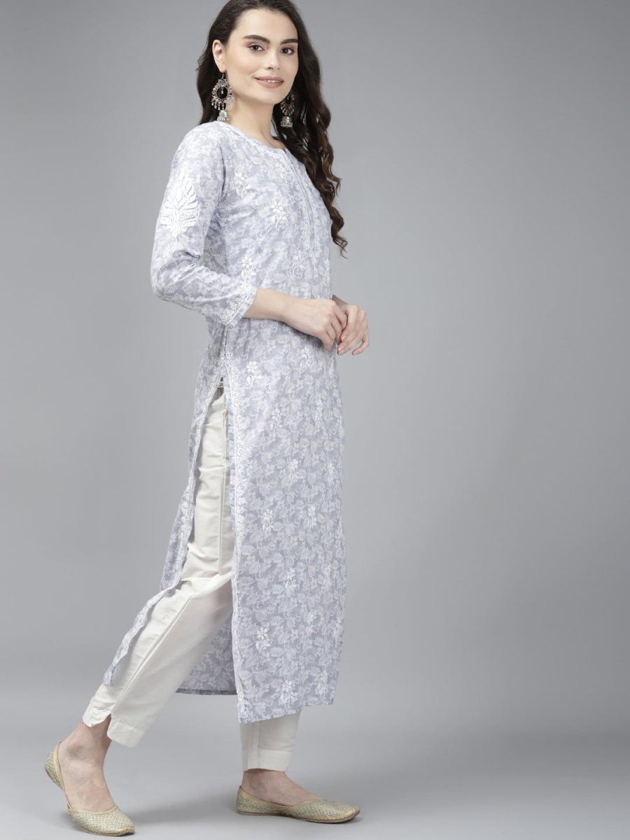 ADA Women Grey & White Floral Chikankari Cotton Handloom Kurta | Swadesiicart