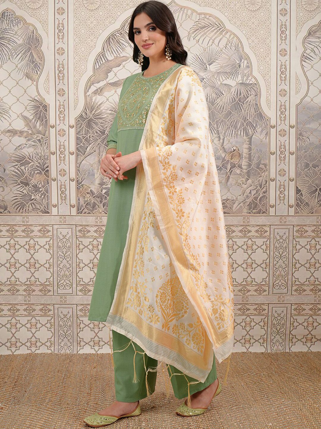 Vishudh Green Ethnic Motifs Yoke Design Thread Work Straight Kurta With Palazzos & Dupatta - Swadesiicart