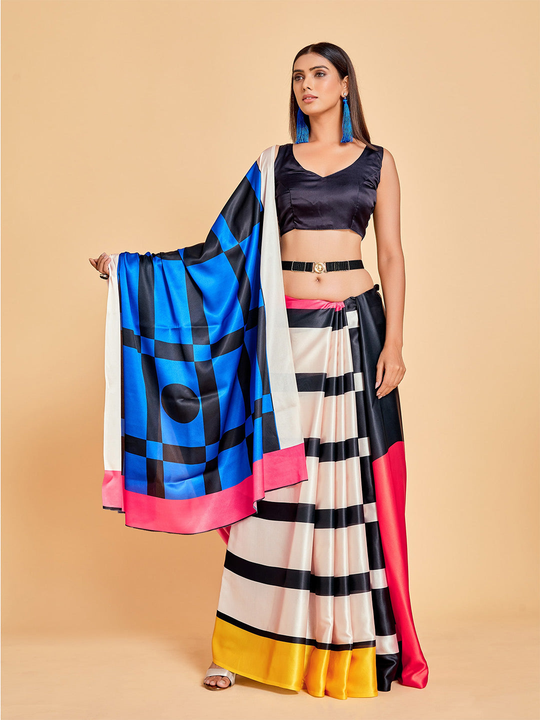 Sangria Blue & Black Striped Satin Ready to Wear Saree | Swadesiicart