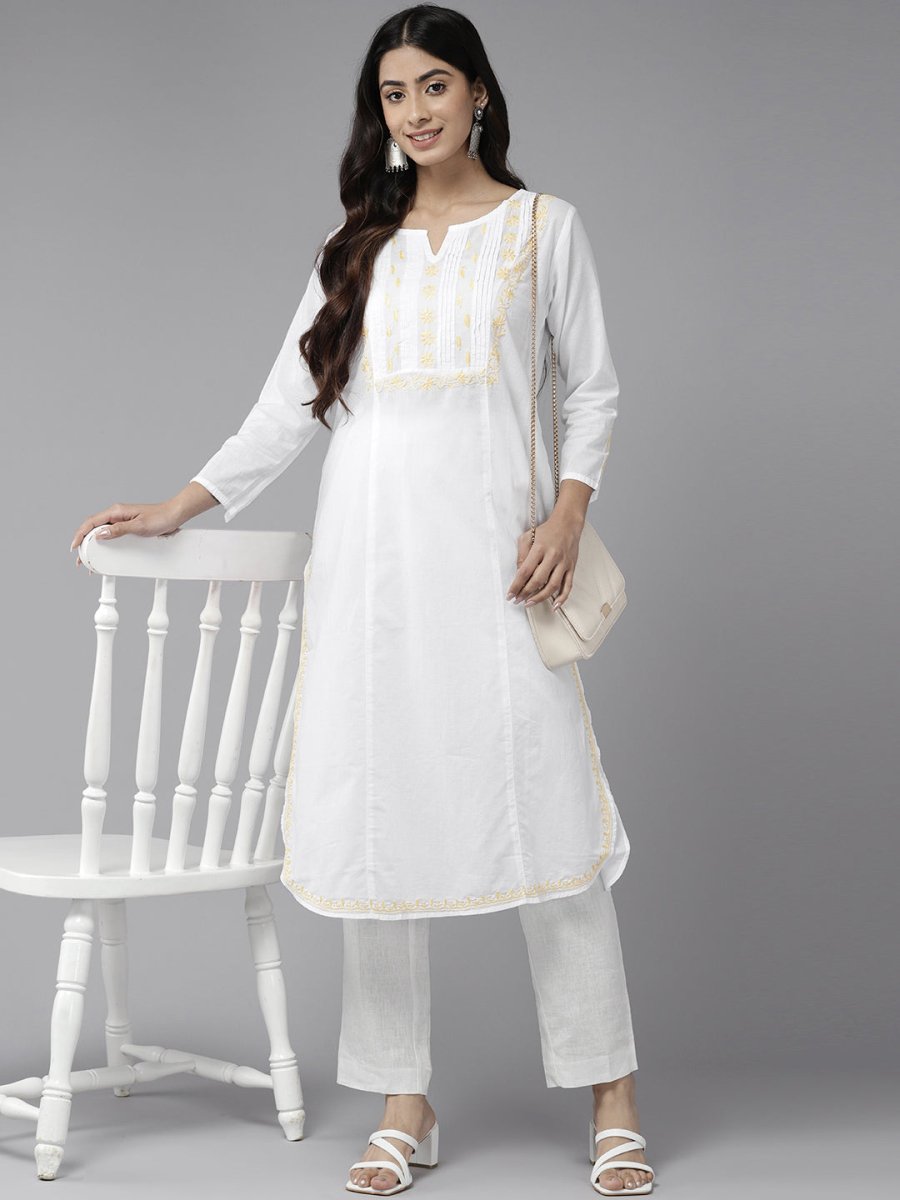 ADA Ethnic Motifs Chikankari Embroidered Cotton Kurta | Swadesiicart