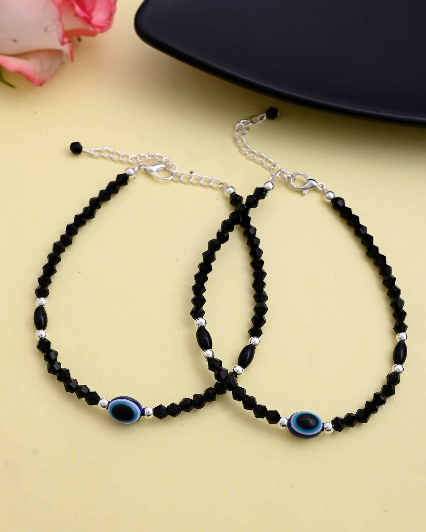 VOJ Set of 2 Evil Eye Black Beads Adjustable Anklet - Swadesiicart