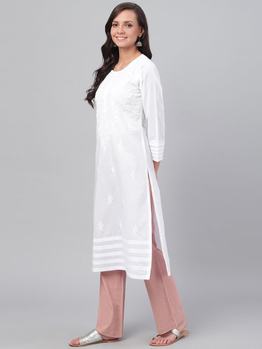 ADA Women White Chikankari Hand-Embroidered Straight Sustainable Handloom Kurta | Swadesiicart