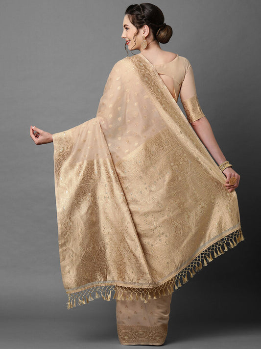 Mitera Cream-Coloured & Gold-Coloured Ethnic Motifs Silk Blend Banarasi Saree | Swadesiicart