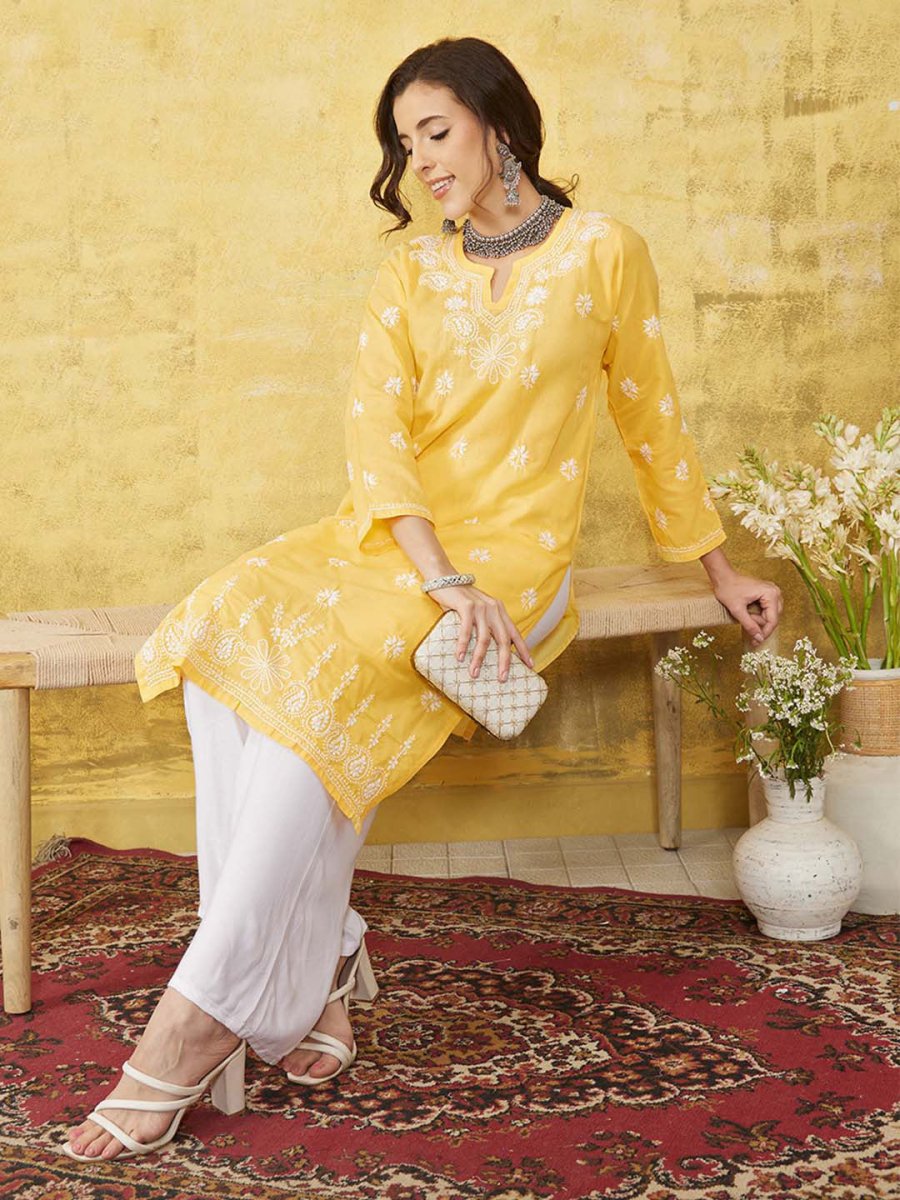 ADA Women Yellow & White Chikankari Embroidered Straight Sustainable Handloom Kurta | Swadesiicart