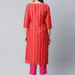 Ahalyaa Women Red Striped Kurta with Trousers | Swadesiicart