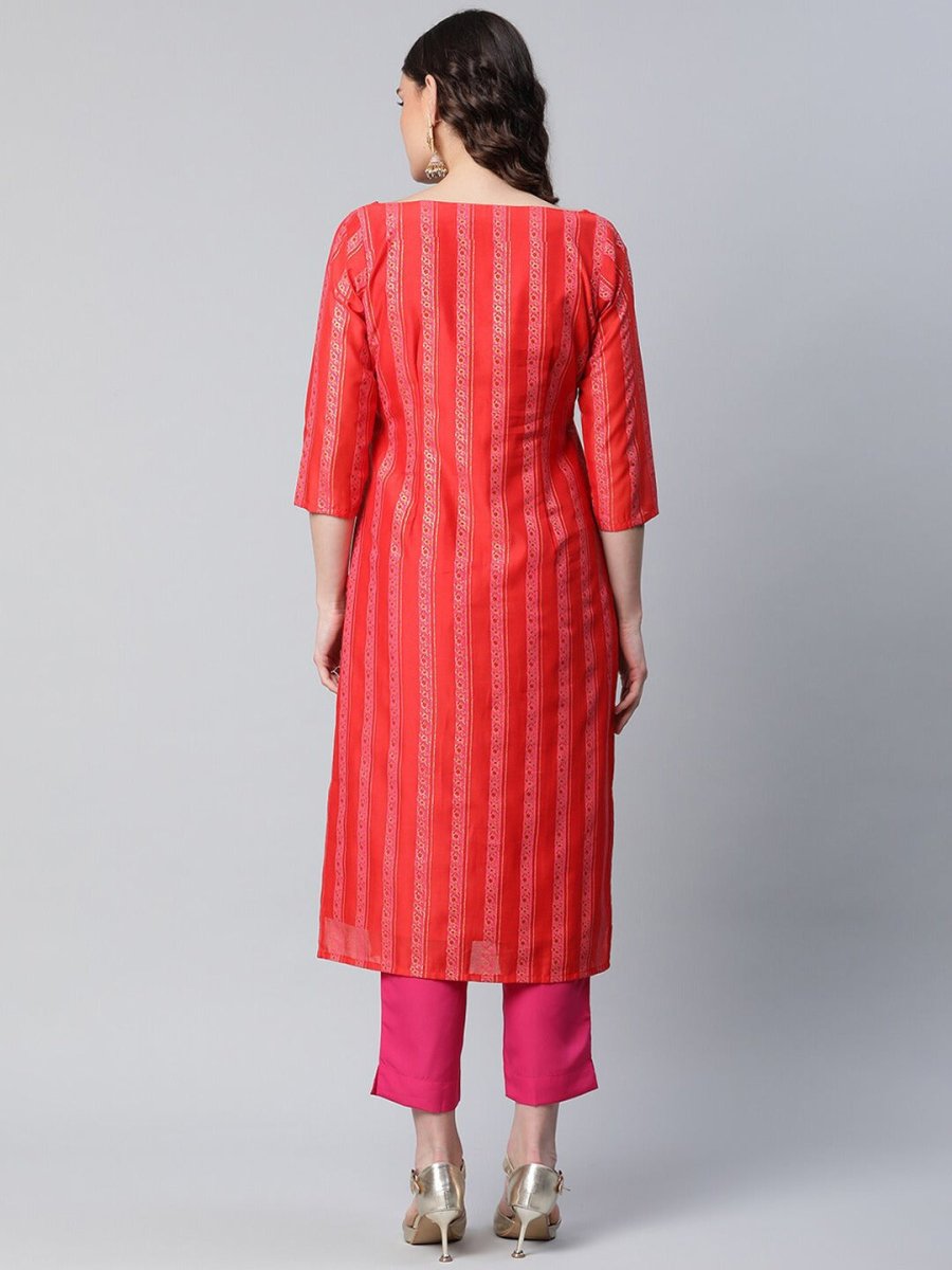 Ahalyaa Women Red Striped Kurta with Trousers | Swadesiicart