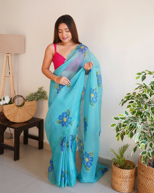 Vamsee Divisha Sky Organza Saree - Swadesiicart