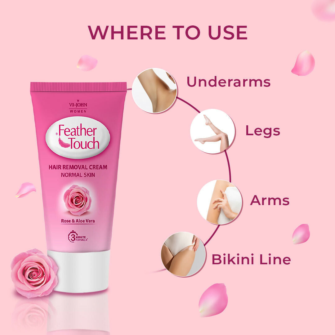 VI-JOHN Feather Touch Rose & Aloevera Hair Removal Cream for Women for Normal Skin, Suitable for Legs, Underarms, Bikini Line, Arms | Swadesiicart