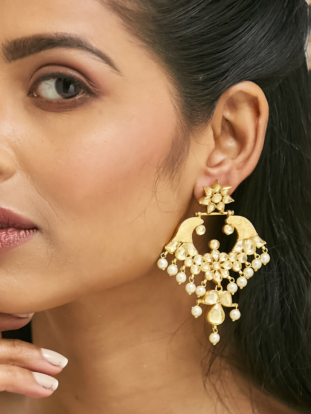 Nuyug 22K Gold-Plated Kundan and Pearl Earrings with Floral Stud and Intricate Crescent Design Chandbalis | Swadesiicart