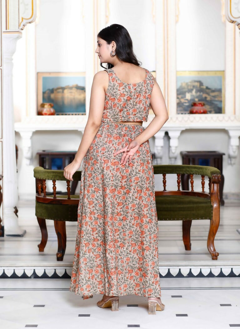 Miravan Women's Brown Floral Printed Crop Top And Skirt Co-Ord Set - Swadesiicart