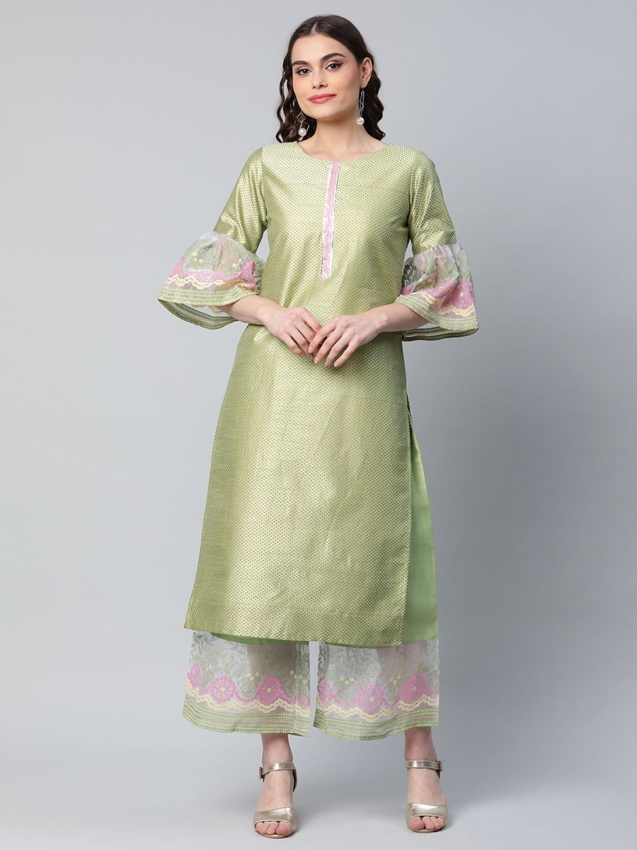 Ahalyaa Women's Light Green Poly Silk Gold Printed Kurta Palazzo Set | Swadesiicart