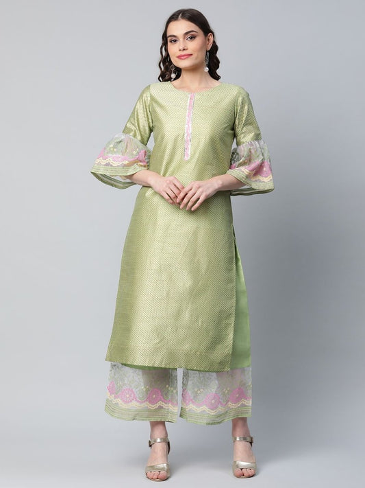 Ahalyaa Women's Light Green Poly Silk Gold Printed Kurta Palazzo Set | Swadesiicart