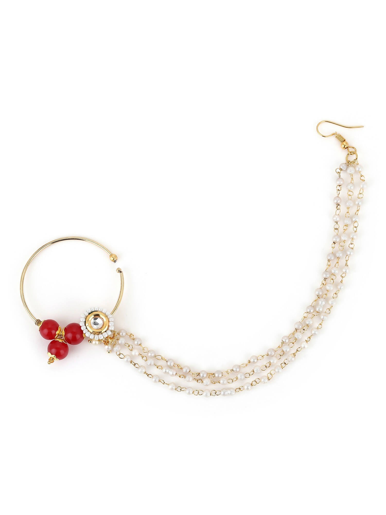 White Red Gold-Polished Kundan-Studded Beaded Nosepin - Ruby Raang | Swadesiicart