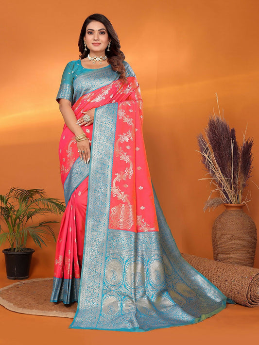 Joban Fashion Banarasi Tomato Red Woven Soft Silk Saree | Swadesiicart