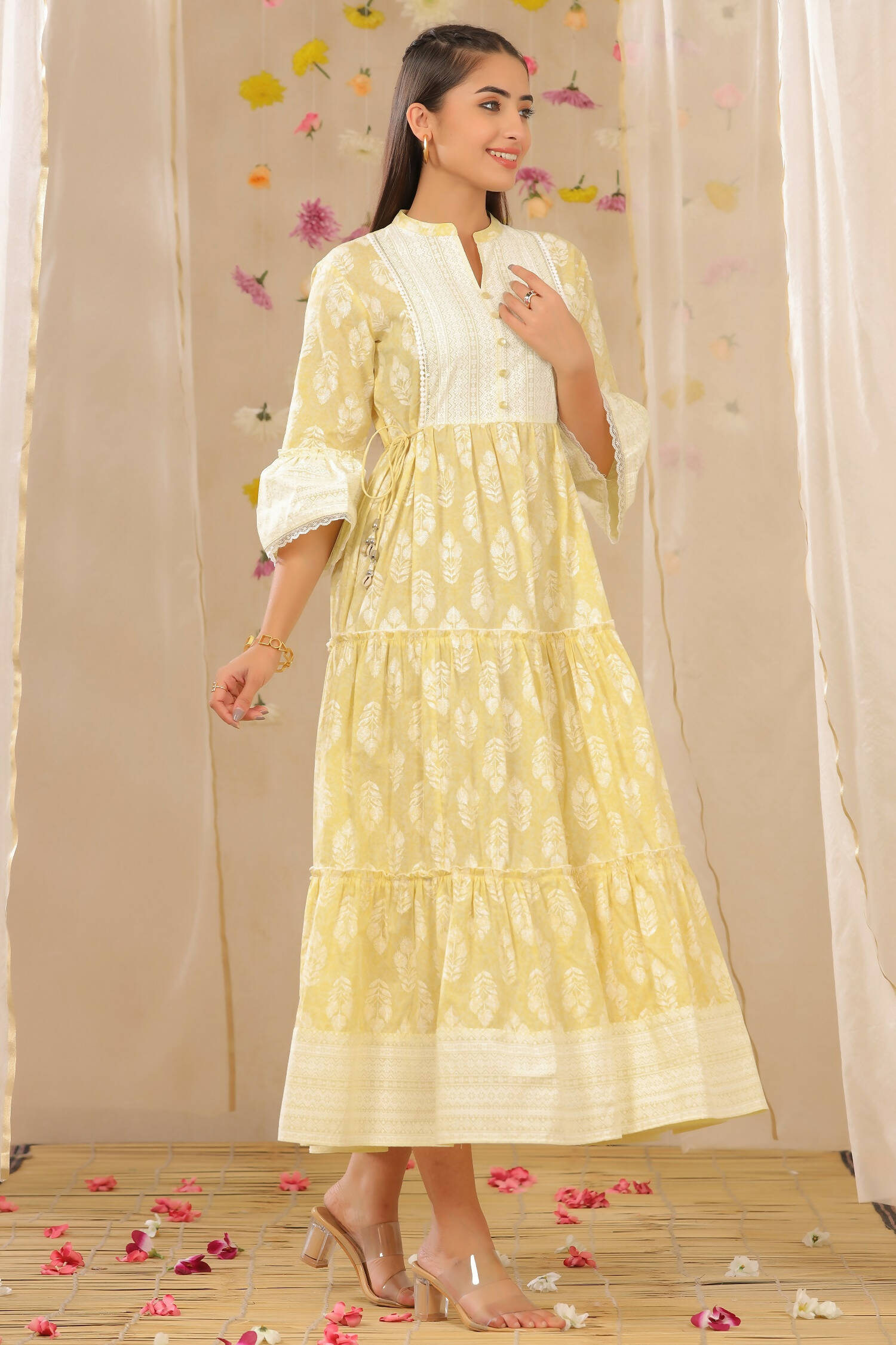 Juniper Womens Limeyellow Cambric Printed Tiered Dress With Flared Sleeve | Swadesiicart