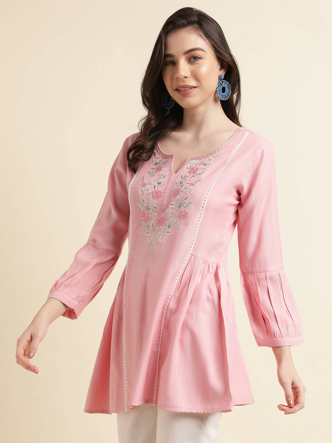 Pink Viscose Rayon Yoke Embroidered A-line Top - Tarini - Swadesiicart