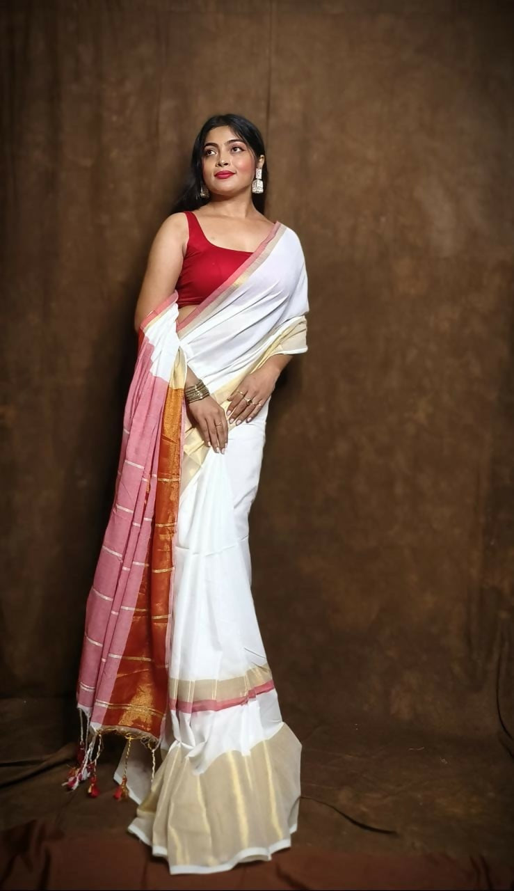 Exclusive Collection White Red Pure Cotton Handloom Gorgeous Saree - Swadesiicart