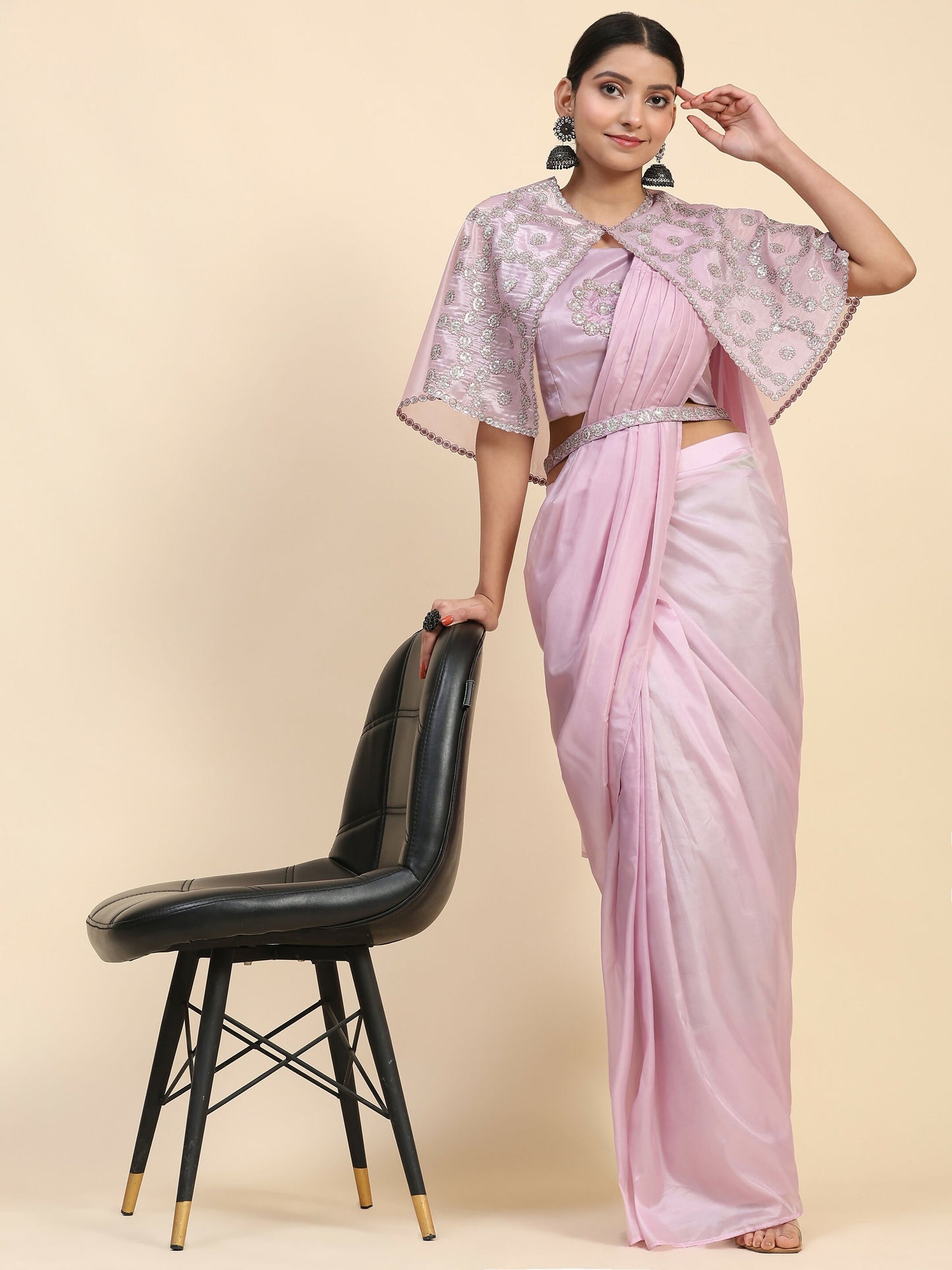 Light Lavendar Satin Solid Ready to wear Saree with stitched Blouse - Vanita | Swadesiicart