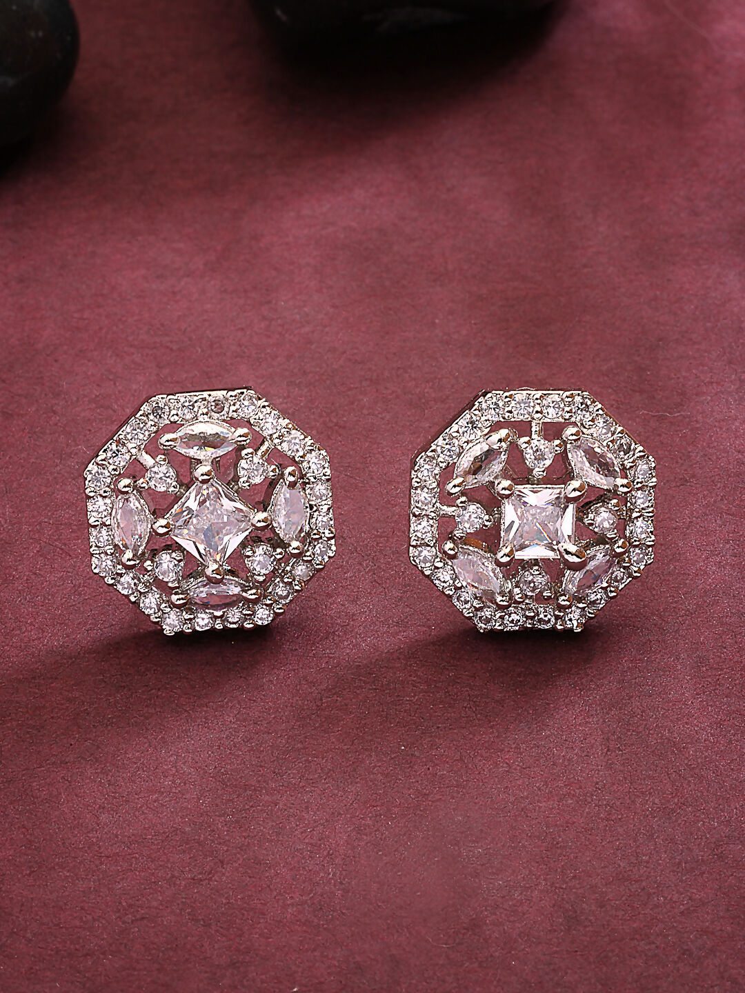 NVR Women's Silver-Plated AD- Studded Circular Shaped Studs Earring | Swadesiicart