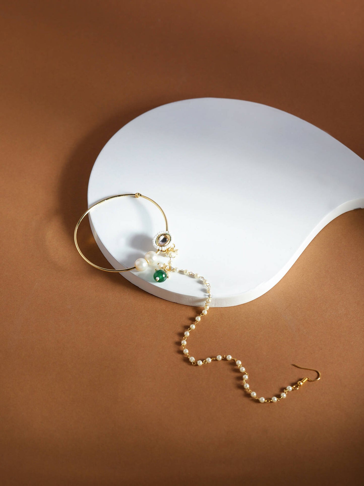 Gold-Polished White Green Kundan-Studded Pearl Beaded Nosepin - Ruby Raang | Swadesiicart