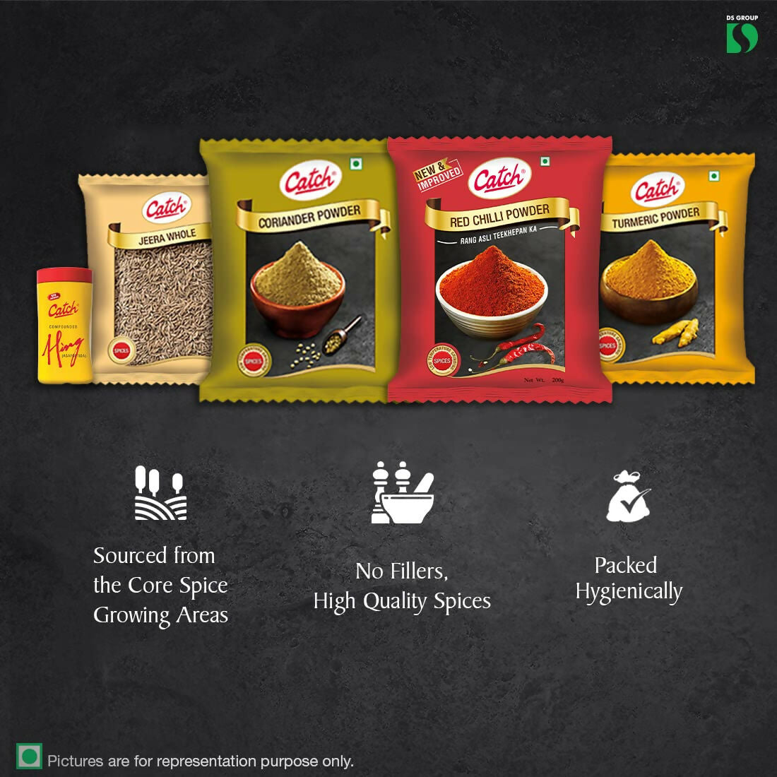 Catch Masala & Spices Combo Five Pack - Coriander Powder 200 gms + Turmeric Powder 200 gms + Red Chilli Powder 200 gms + Cumin Whole 200 gms + Hing 50 gms | Swadesiicart