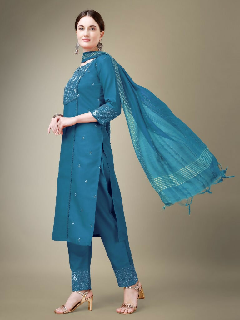 Jyoti Fashion Women's Morpich Cotton Blend Embroidery & Fancy Lace work Kurta with Trouser & Dupatta | Swadesiicart