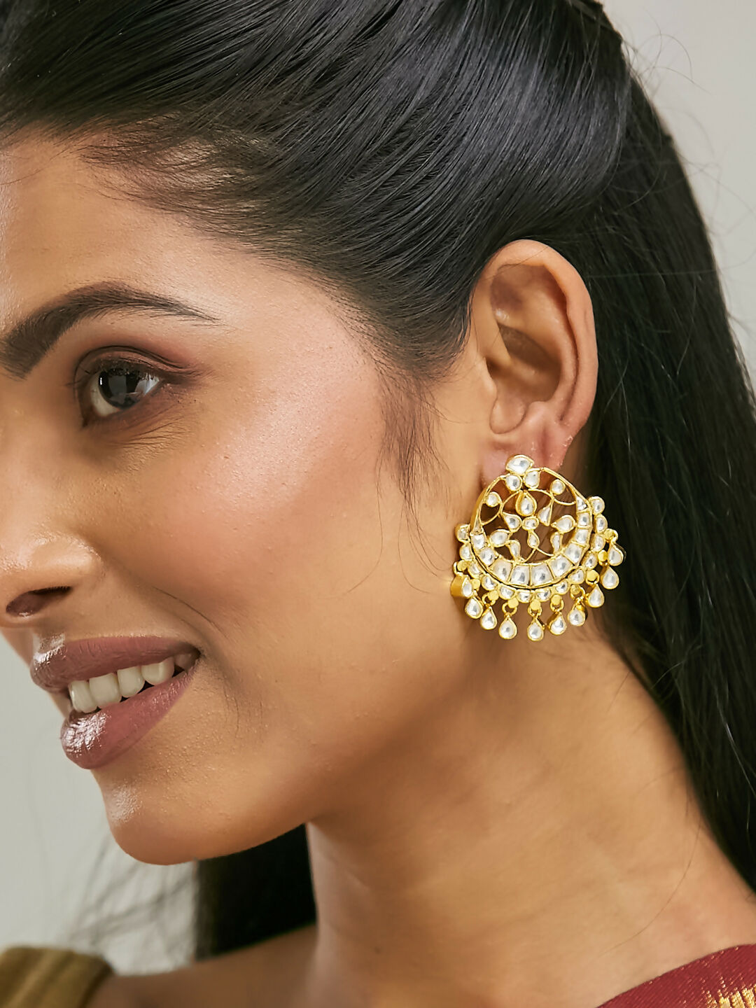 Nuyug 22K Gold-Plated Kundan Stone Studded & Pearl Beaded Moon Chandbalis | Swadesiicart