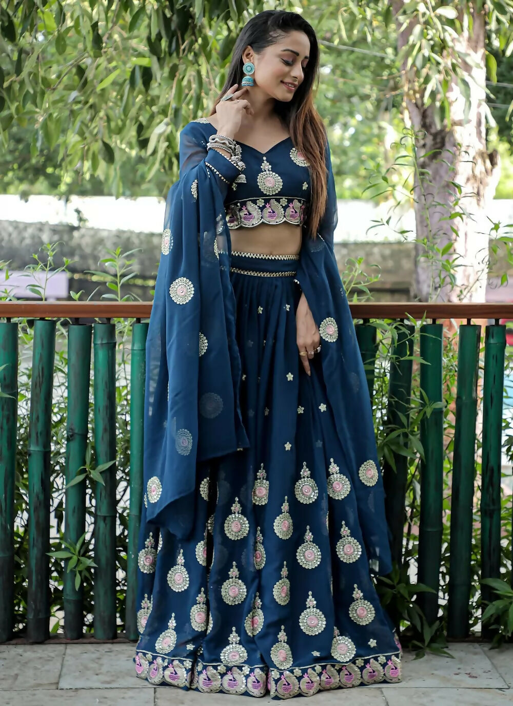 Jyoti Fashion Blue Sequence with Thread Zari Embroidery Georgette Lehenga Choli with Dupatta | Swadesiicart