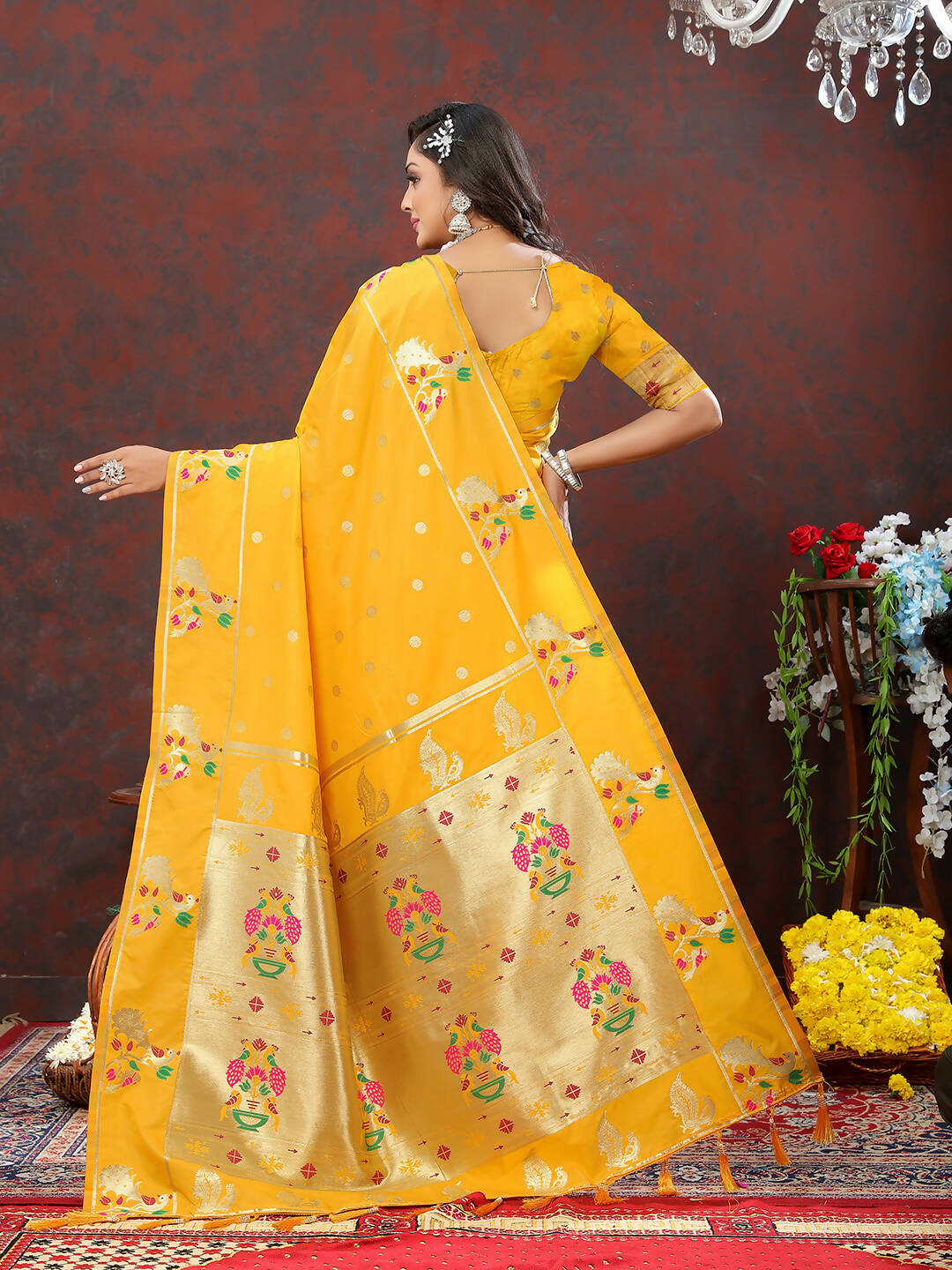 Lorenvalley Fashion Gold Soft Paithani Silk Woven Design Gold Zari Meenakari Weaving Saree - Swadesiicart