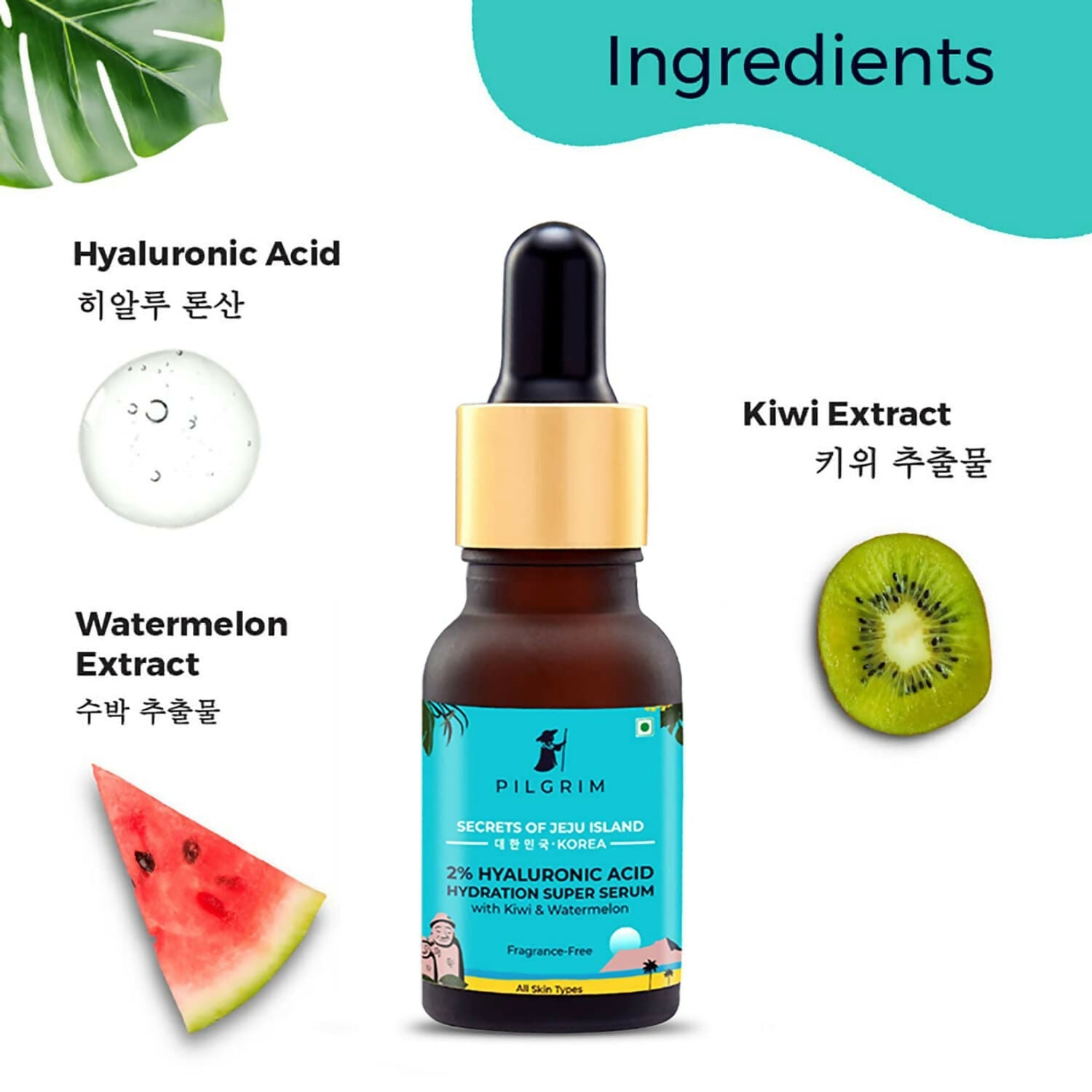 Pilgrim 2% Hyaluronic Acid Hydration Super Serum With Kiwi & Watermelon Extracts For Hydrated Skin - Korean Skin Care - Swadesiicart
