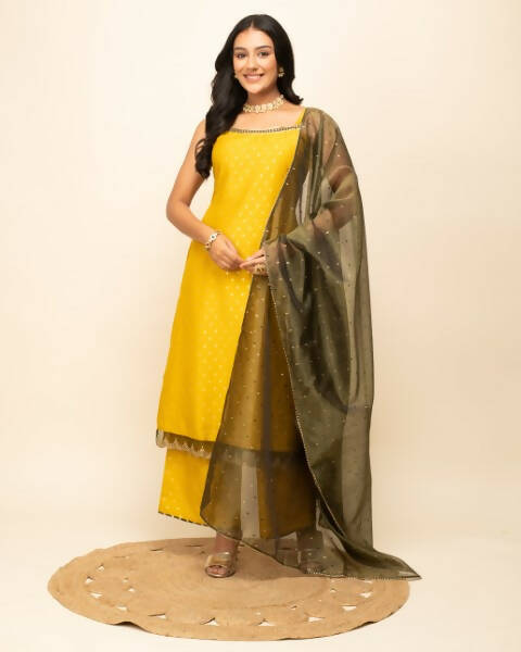 FIORRA Women's Yellow Silk Blend Straight Kurta Palazzo Set With Dupatta - Swadesiicart