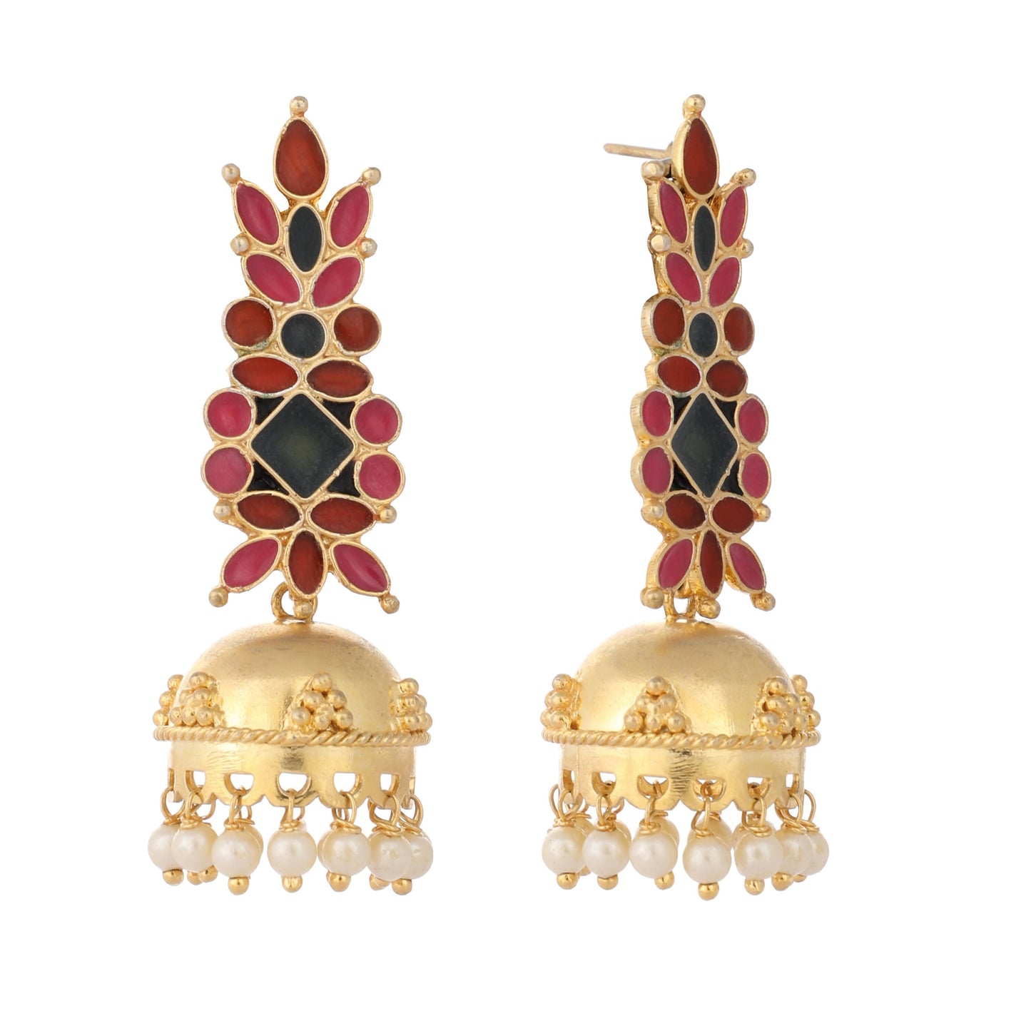 Nuyug 22K Gold-Plated Enamel & Beaded Dome Shaped Jhumka Earrings | Swadesiicart