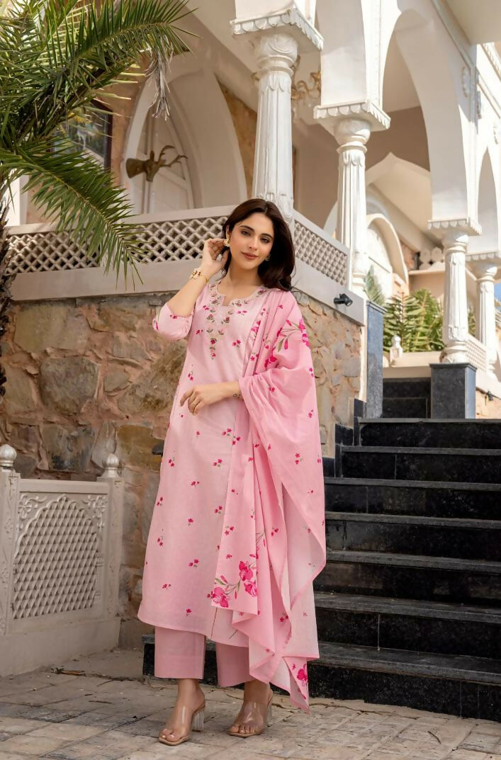 The52 Pink Women's Beautiful Chanderi Fabric Printed Work Straight Kurta Pant and Dupatta Set - Swadesiicart