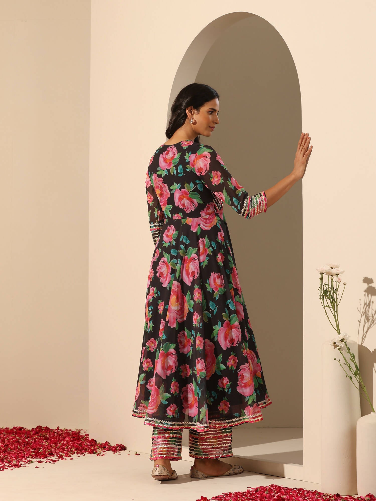 Pomcha Jaipur Black Gul Gulab Anarkali Set | Swadesiicart