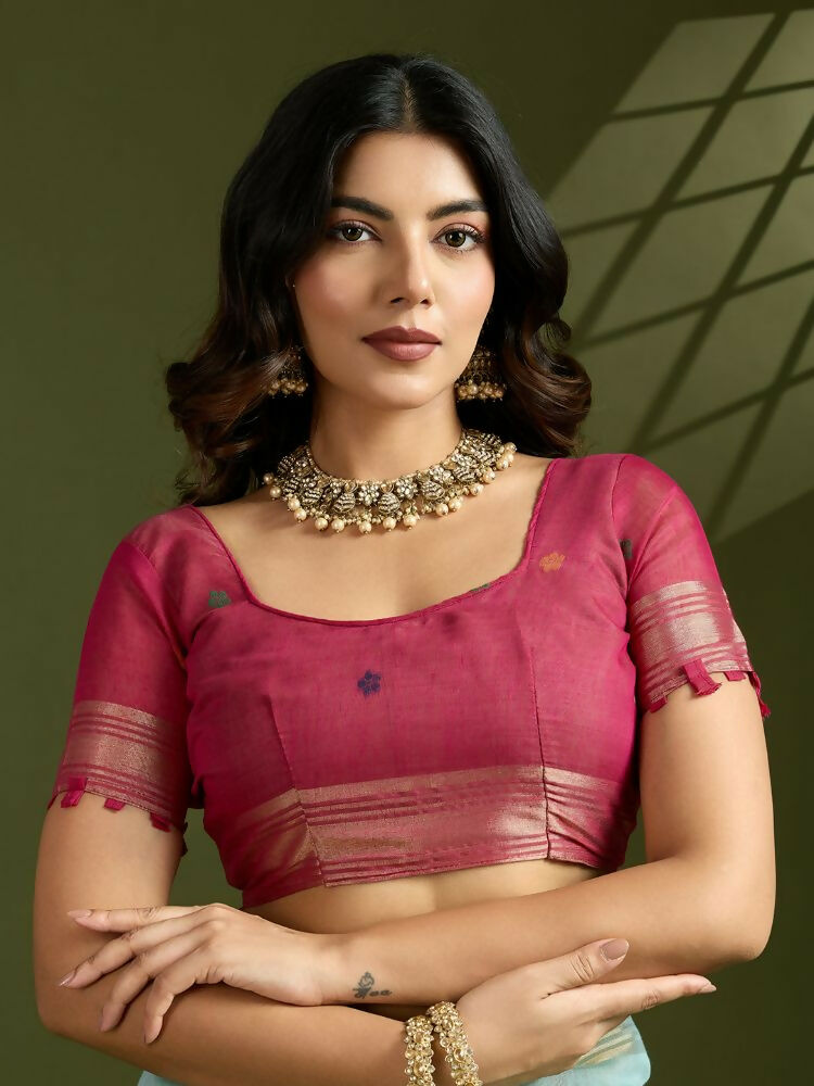Vishnu Weaves Women's Firozi Muga Cotton Thread Woven Butti with Blouse - Swadesiicart