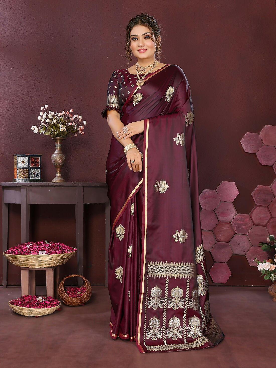 Joban Fashion Wine Floral Motifs Banarasi Silk Sarees | Swadesiicart