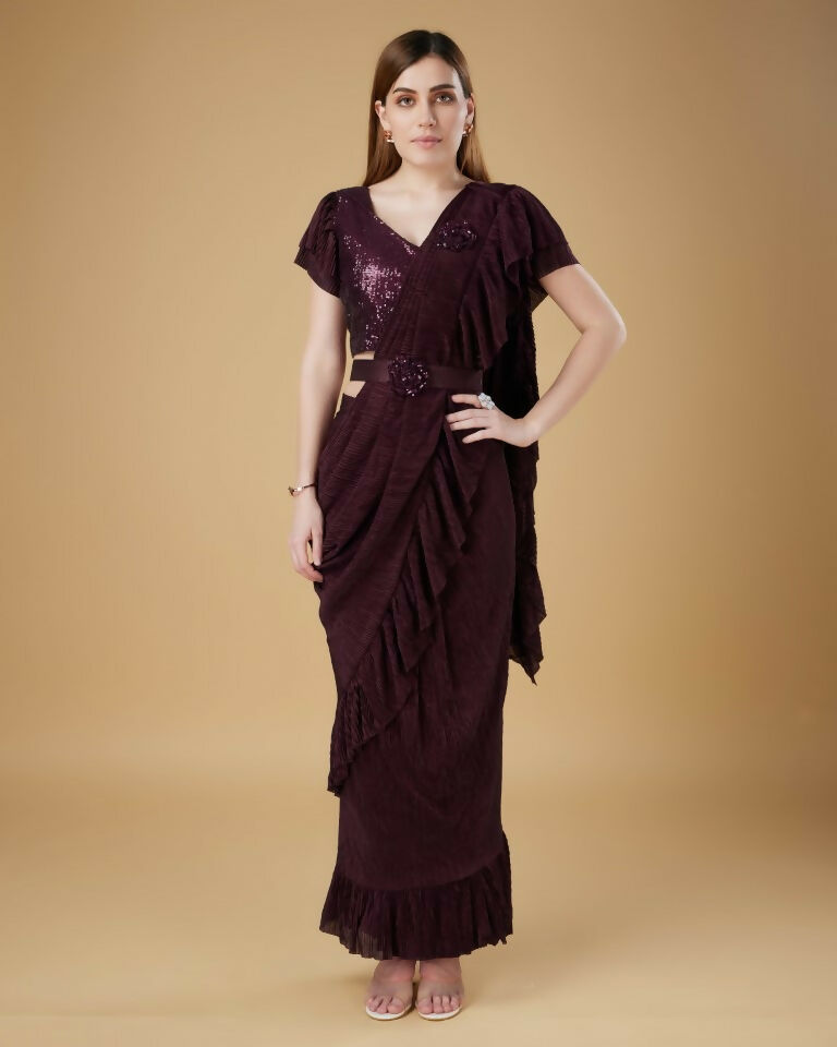 Wine Imported Crush Solid Ready to Wear Saree with stitched Blouse - Aayan | Swadesiicart