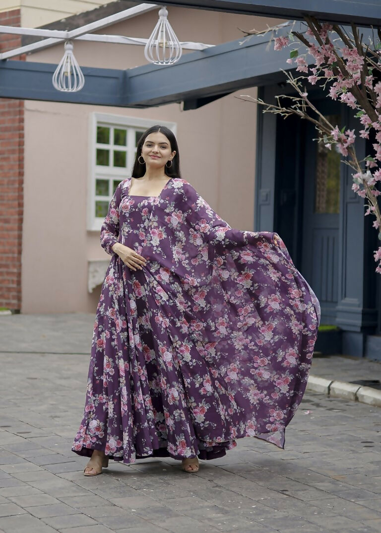 Jyoti Fashion Women's Wine Faux Georgette Floral Digital Printed Anarkali Dress with Dupatta | Swadesiicart