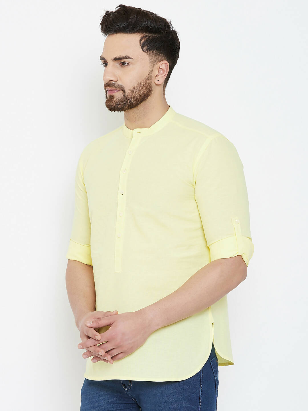 Even Apparels Yellow Color Band Collar Pure Cotton Men's Kurta | Swadesiicart