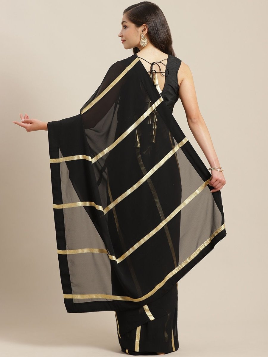 Ahalyaa Women's Black Georgette Gold Print Ready to Wear Saree | Swadesiicart