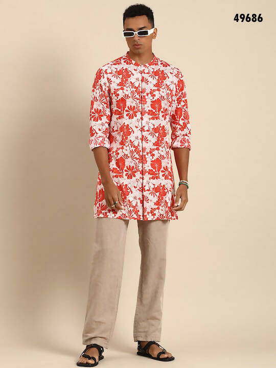 Red & White Men pure Cotton Floral Printed Straight Kurta - Mahotsav | Swadesiicart